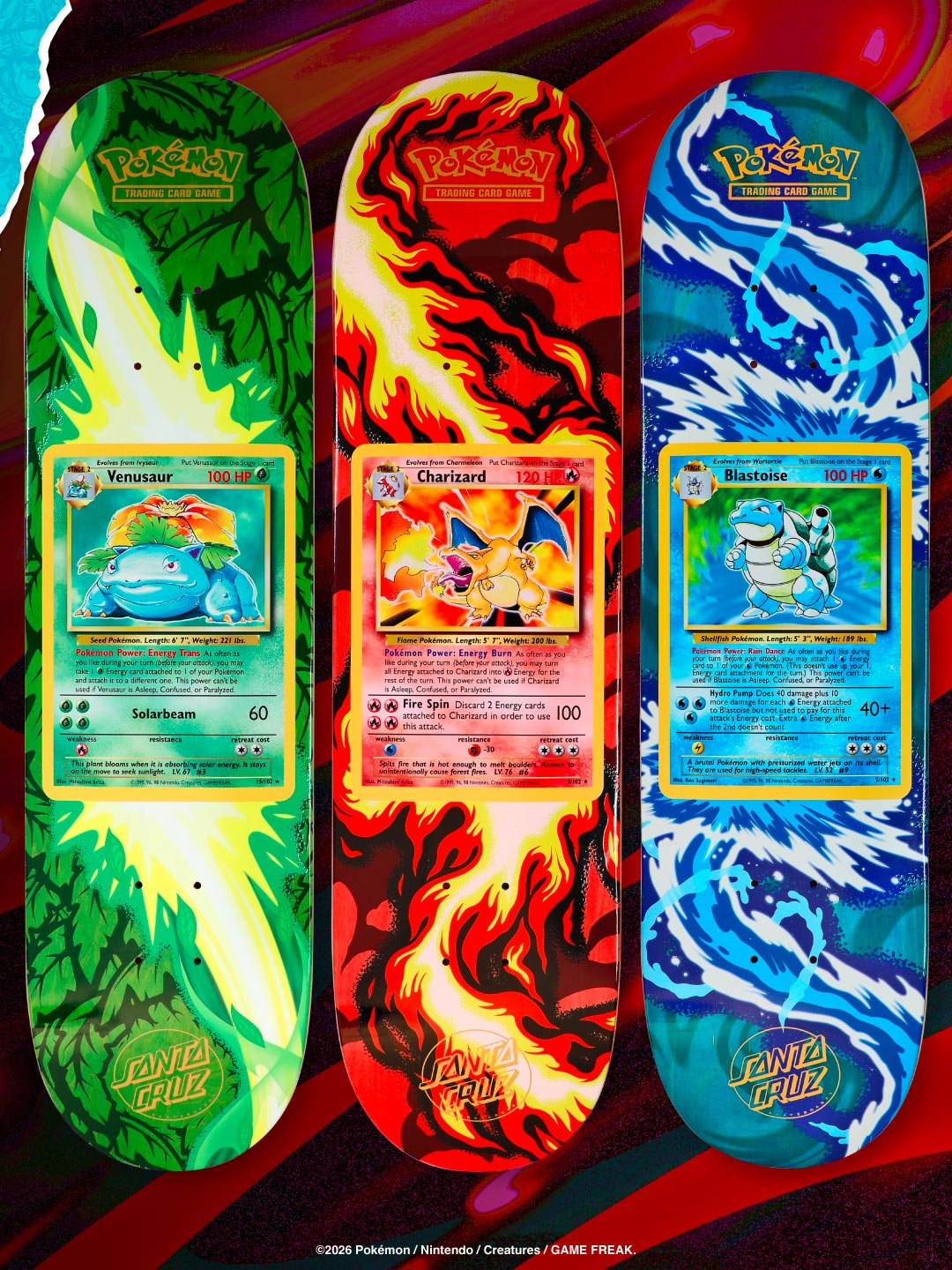 Tablas Santa Cruz x Pokémon TCG Venusaur, Charizard y Blastoise